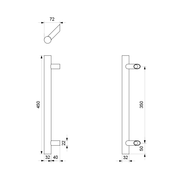 Deurgreep T-model 32x450/350mm voetje 22mm RVS geborsteld incl. decorring voetje - Afbeelding 2