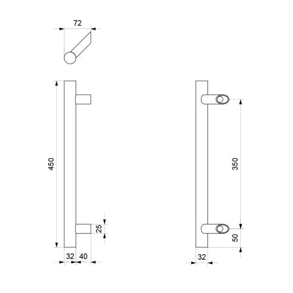 Deurgreep T-model 32x450/350mm voetje 25mm RVS geborsteld incl. decorring voetje - Afbeelding 2