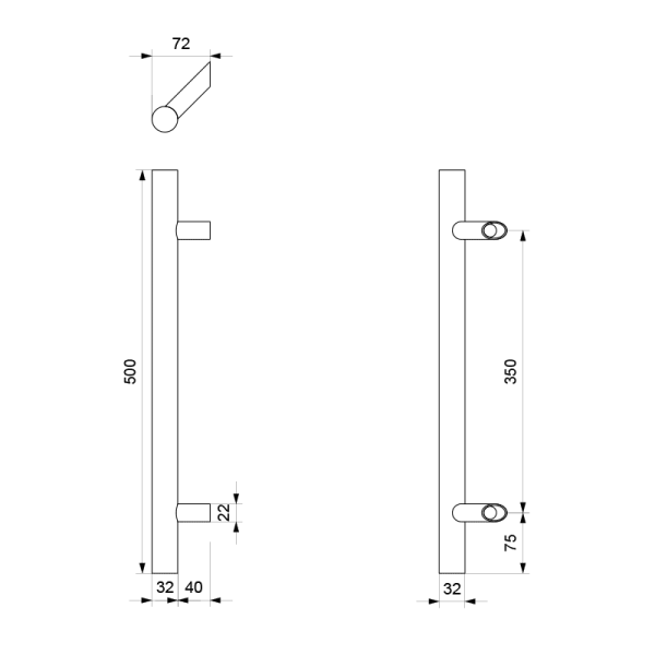 Deurgreep T-model 32x500/350mm voetje 22mm RVS geborsteld incl. decorring voetje - Afbeelding 2