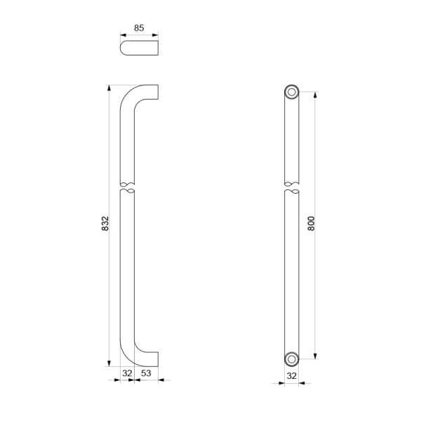 Deurgreep U-model 32x832mm wit - Afbeelding 2