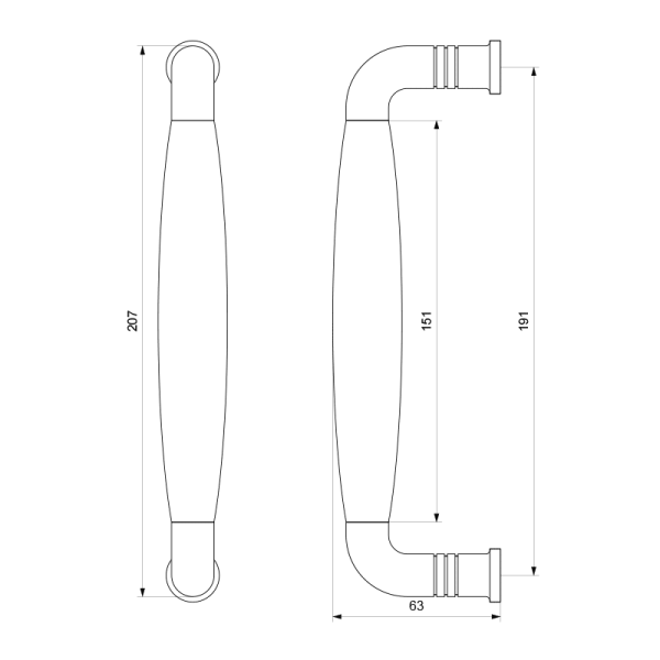 Deurgreep ton model Ika 207mm gebogen nekje RVS gepolijst met RVS geborsteld - Afbeelding 2