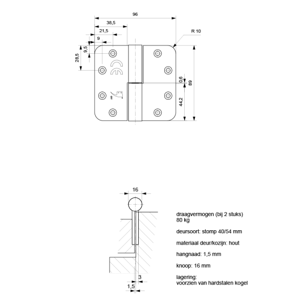 Kogelpaumelle ronde hoek DIN links 89 x 96 mm Wit - Afbeelding 2