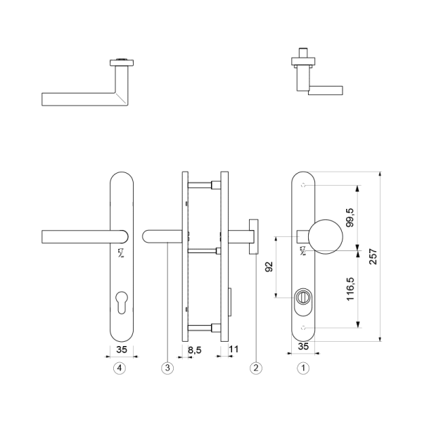 R veiligheidsgarnituur met kerntrekbeveiliging PC92 RVS 257x35 mm smal massief afgerond - Afbeelding 2