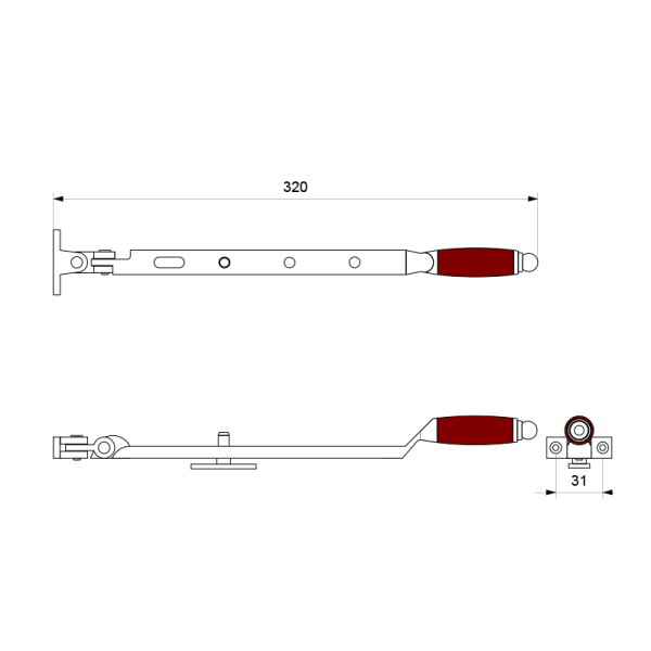 RVS gepolijst/kersen Ika raamuitzetter met ronde eindknop 320mm - Afbeelding 2