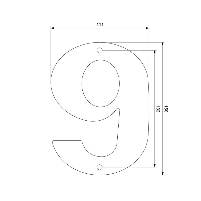 RVS huisnummer 9 plat, 150 mm - Afbeelding 2