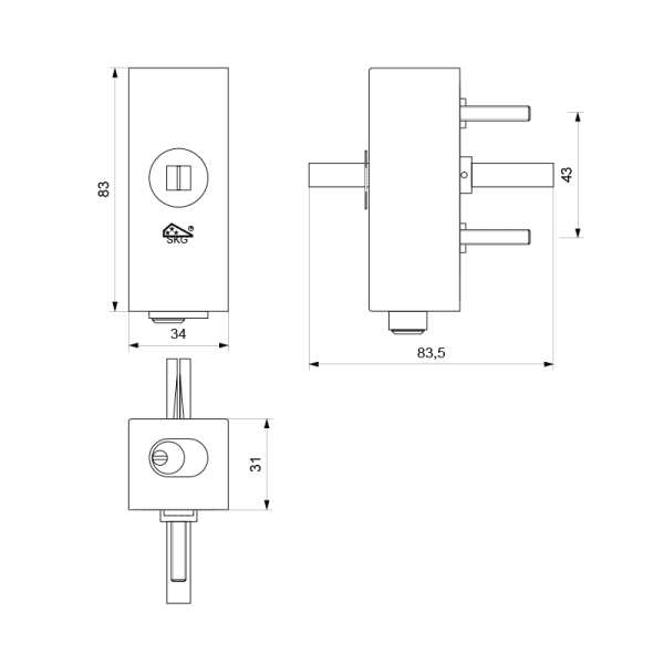 draaikiepmechanisme afsluitbaar rechthoekig 83x34x31 mm met stift binnenzijde 32 mm Wit - Afbeelding 2