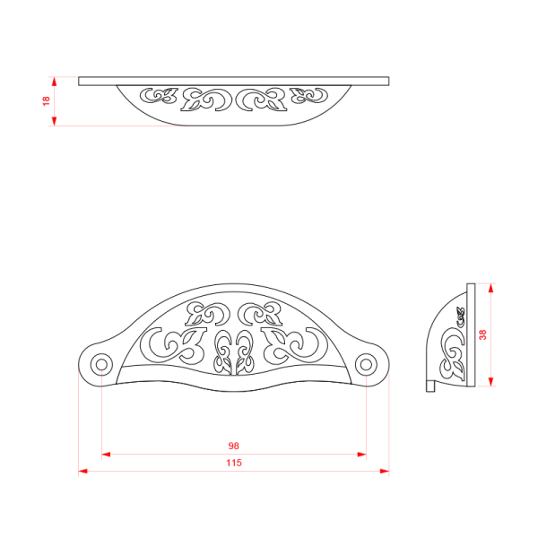 GPF kom-schelp greep met motief 115x43mm, Smeedijzer-zwart - Afbeelding 2