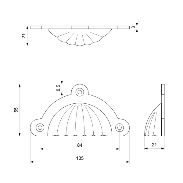 GPF kom-schelp greep met ril 105x55mm, Smeedijzer-zwart - Afbeelding 2