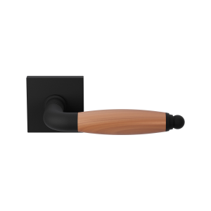 GPF4300.61-H4 Ika deurkruk zwart/ kersen gebogen met ronde eindknop op vierkant rozet